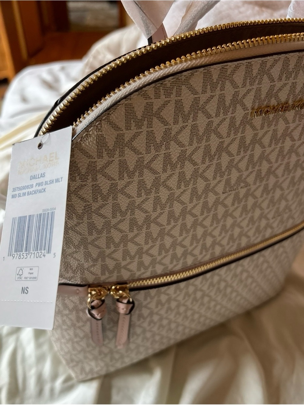 NWT Michael Kors Signature Logo Dallas Slim Backpack Blush Pink Trim Cream Gold - Picture 6 of 9